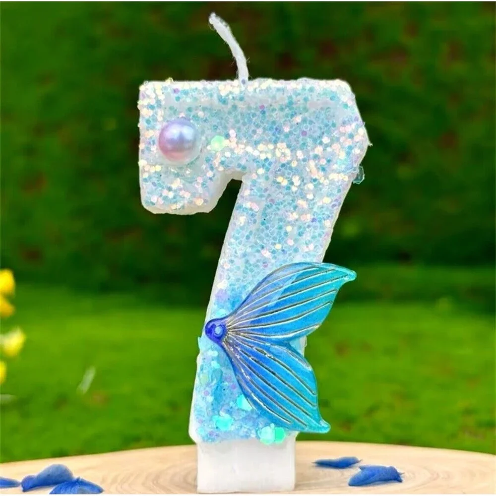 Cake Candle Teal Glitter Cake Topper Girl Little Mermaid Birthday Party 7 USED